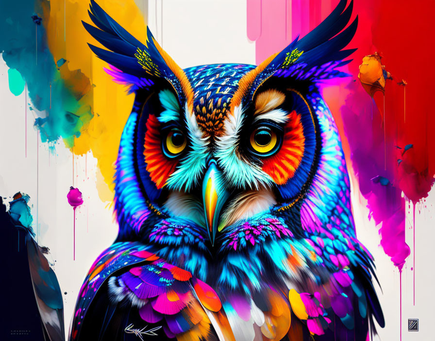 Colorful Owl Digital Art with Dripping Paint Effects