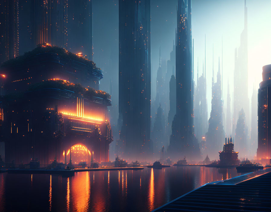 Futuristic twilight cityscape with skyscrapers, neon lights, and calm waterway