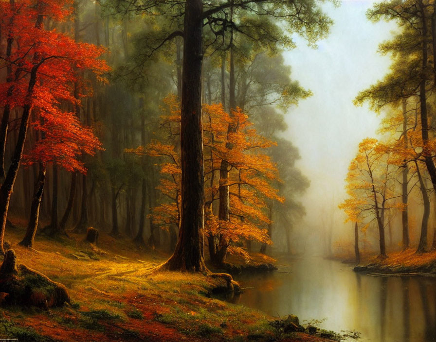 Tranquil autumn forest scene with vibrant foliage and misty river