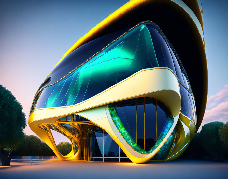 Futuristic Building Design with Curved Lines and Reflective Glass Against Twilight Skies