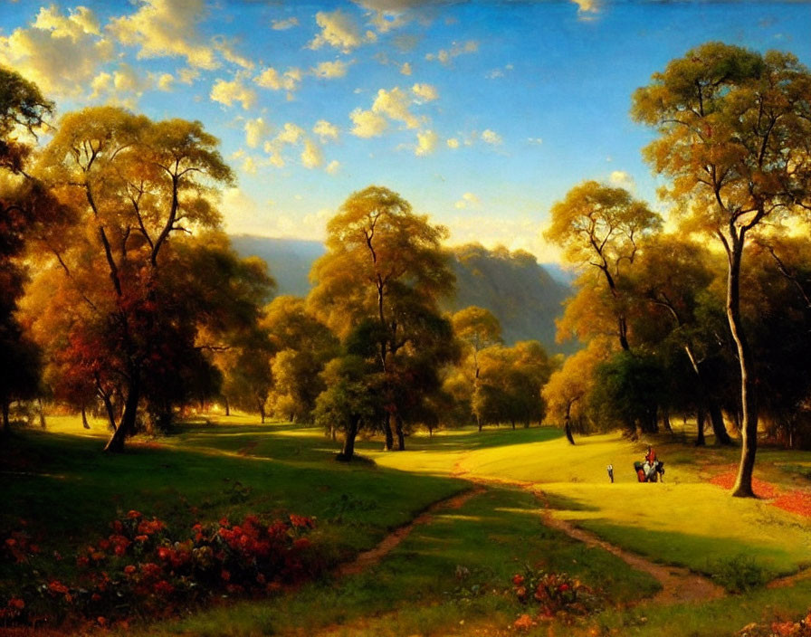 Tranquil landscape painting of lush meadow with figures