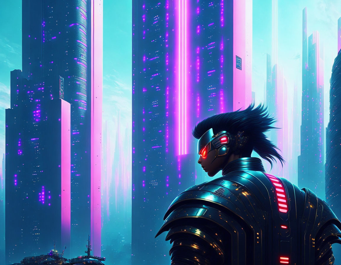 Futuristic cyberpunk figure in goggles overlooking neon-lit cityscape