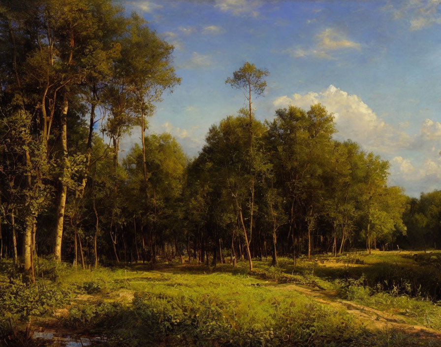 Tranquil landscape painting: lush trees, clear sky