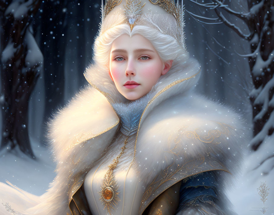 Regal woman in white fur cloak and crown in snowy setting