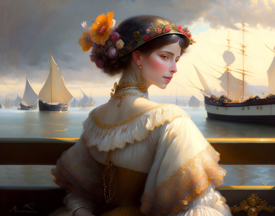 Vintage painting of woman in floral headpiece with sailing ships.