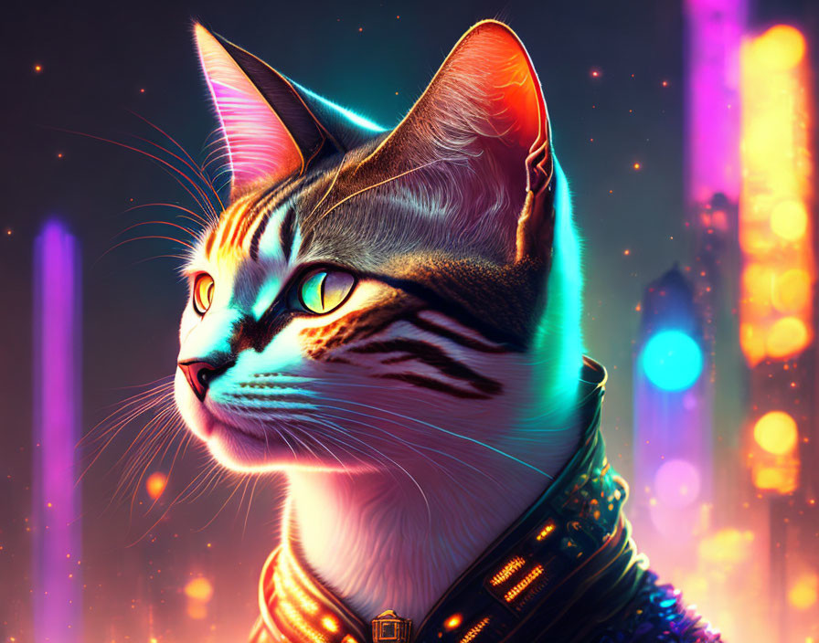 Detailed digital art: Cat with futuristic collar in neon cityscape.