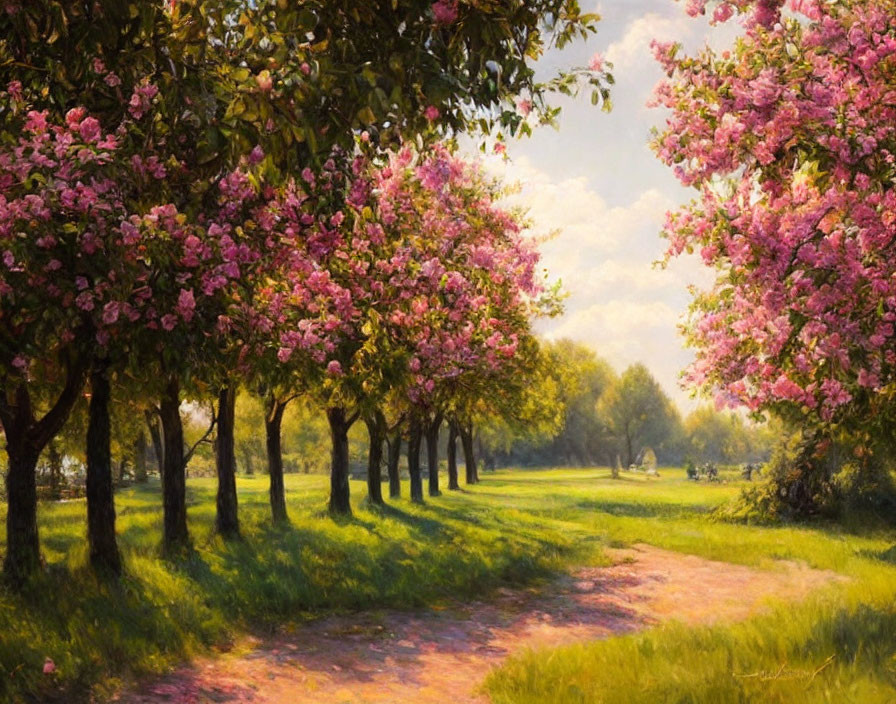 Tranquil scene of pink cherry trees in bloom beside a sunny path