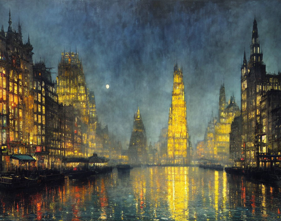 Nocturnal cityscape painting: illuminated buildings, calm river, moonlit sky