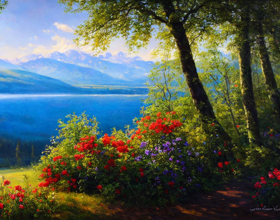 Colorful Flowers Along Forest Path: Serene Lake & Mountain View