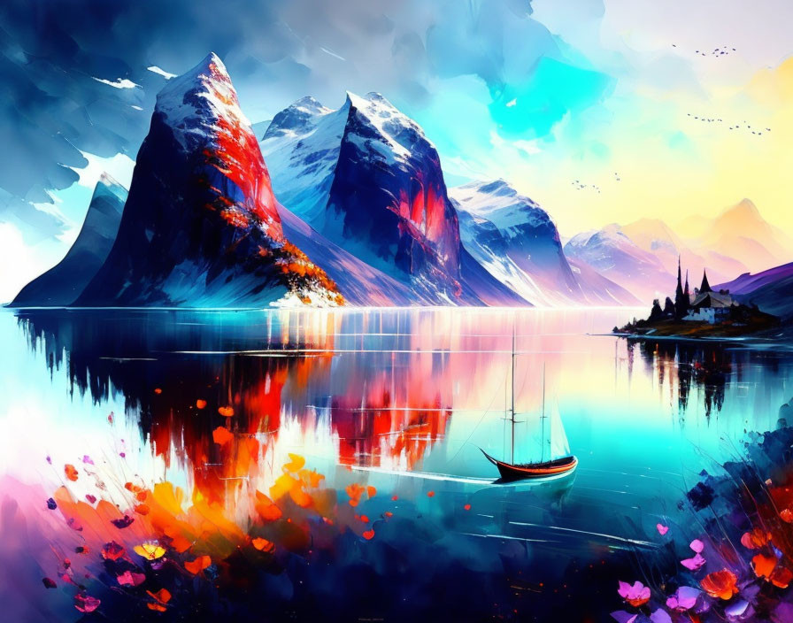 Serene landscape with mountains, lake, flowers, and boat