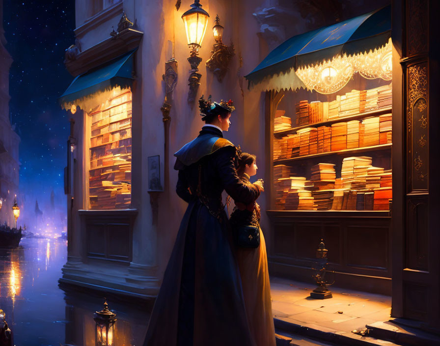 Victorian woman gazes at bookstore window on starry cobblestone street