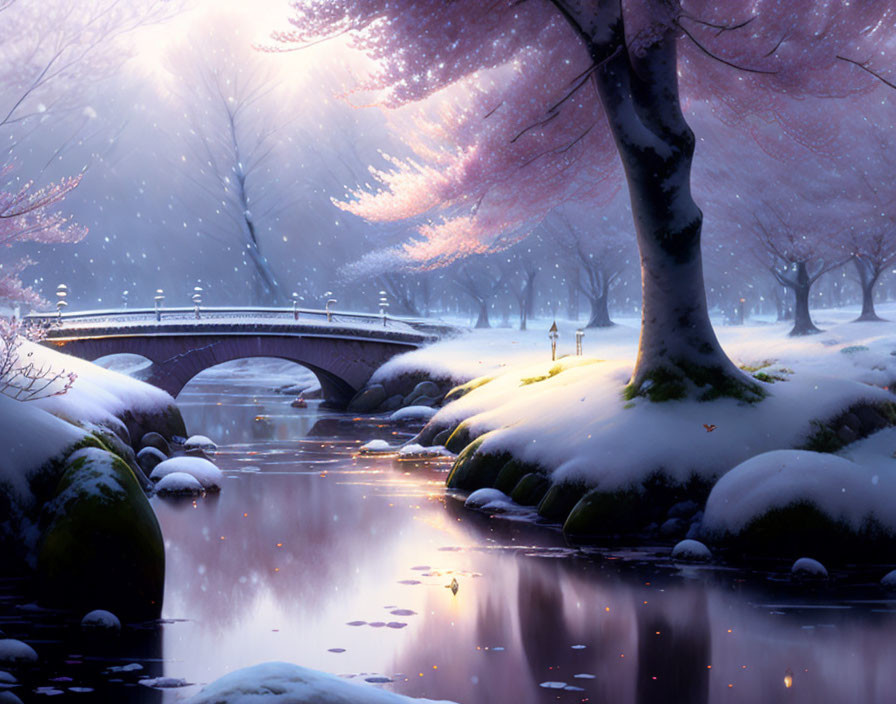 Snow-covered stone bridge over calm river in serene winter scene