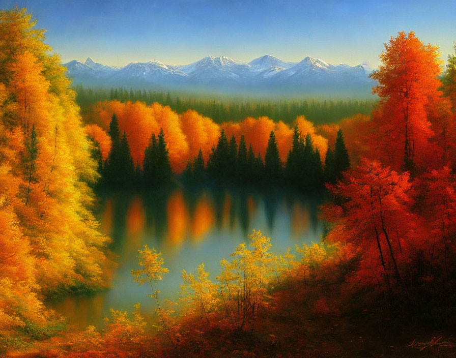 Scenic autumn landscape with colorful trees, lake, mountains, and glowing sky