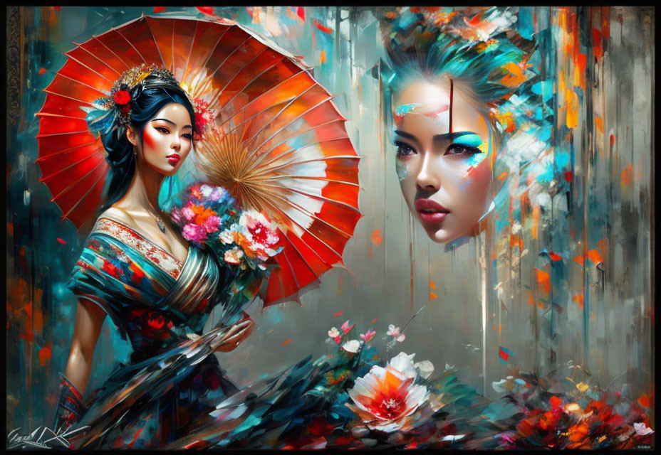 Colorful digital artwork of woman in Asian attire with red umbrella & flowers.