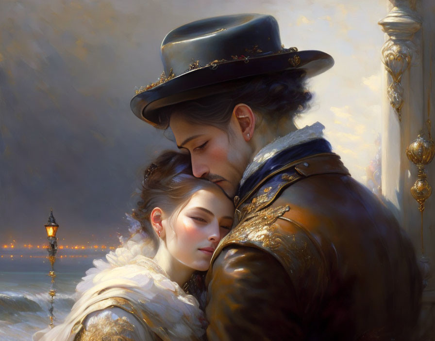 Romantic painting of couple embracing with pier background