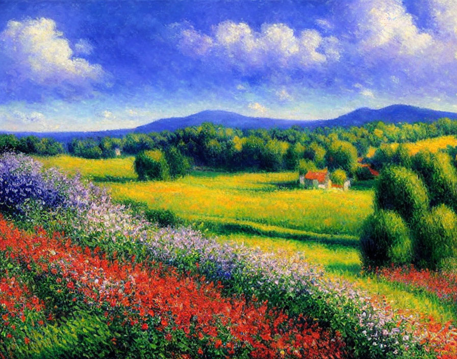 Impressionist-style painting of lush landscape with wildflowers