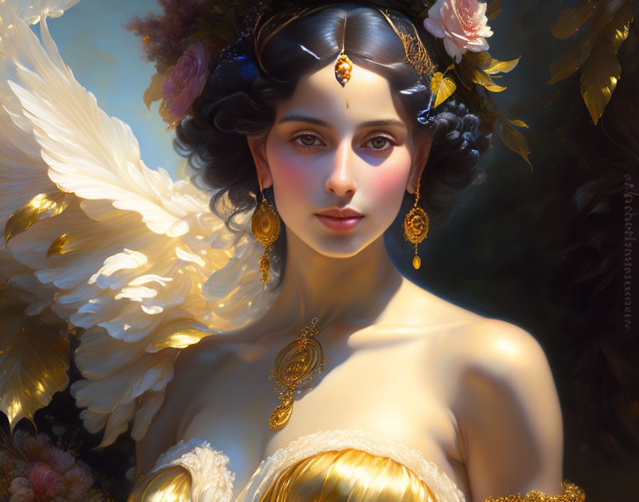 Dark-haired angelic woman with golden jewelry and white feathered wings in soft glow