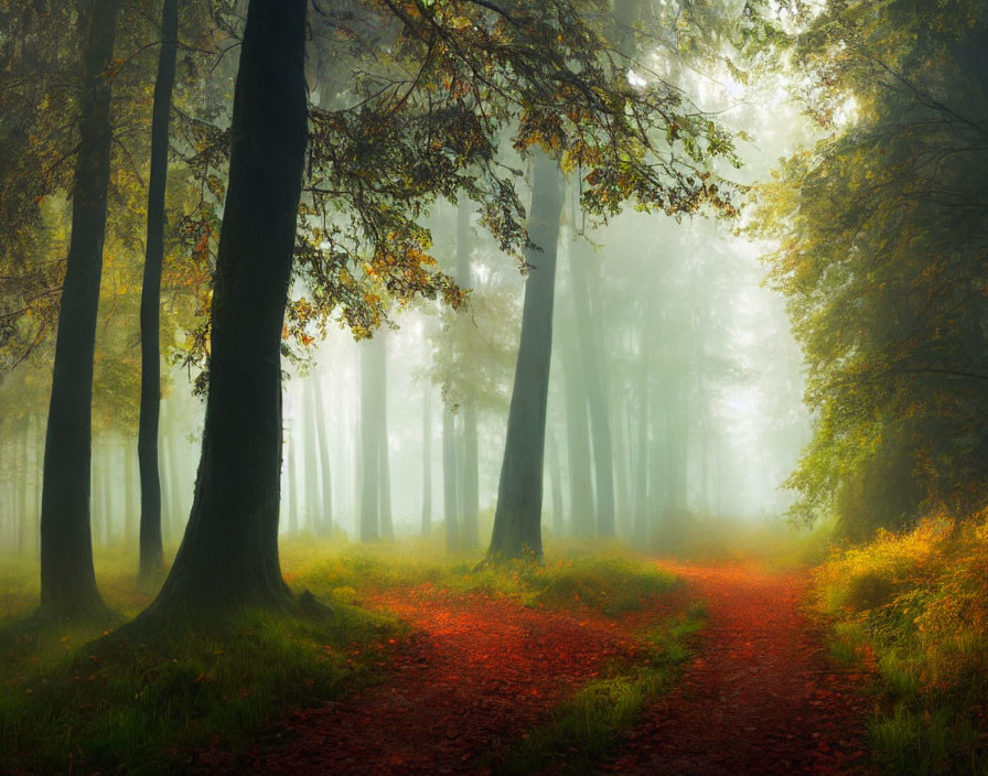 Tranquil forest path with red leaves and misty light