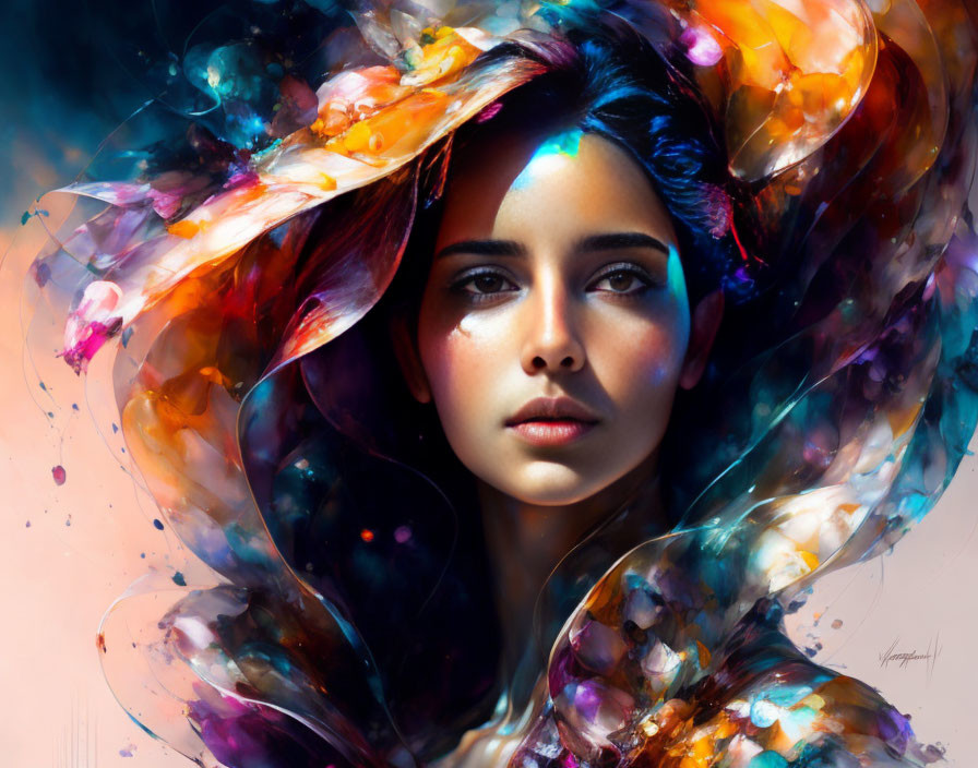 Colorful Splash Effect Surrounding Woman in Digital Art