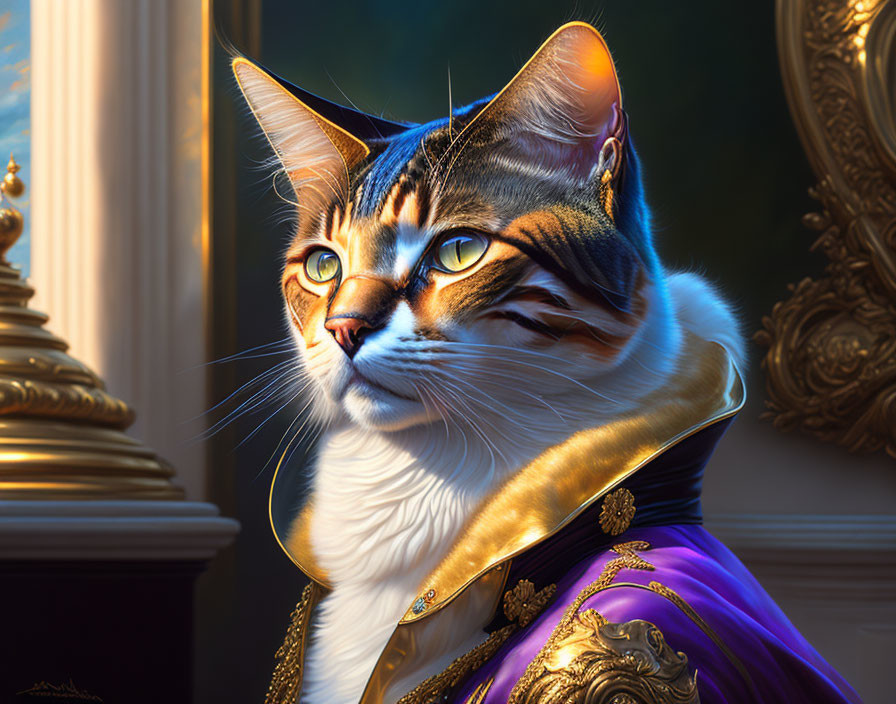 Regal Cat in Purple Robe with Striking Eyes