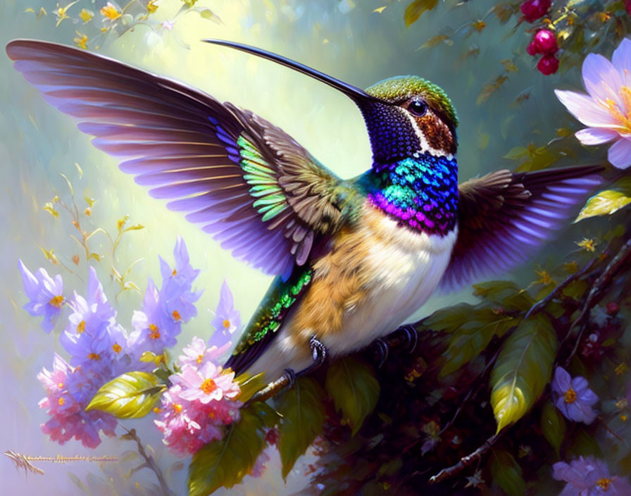 Colorful hummingbird in flight amid pink blossoms on green background