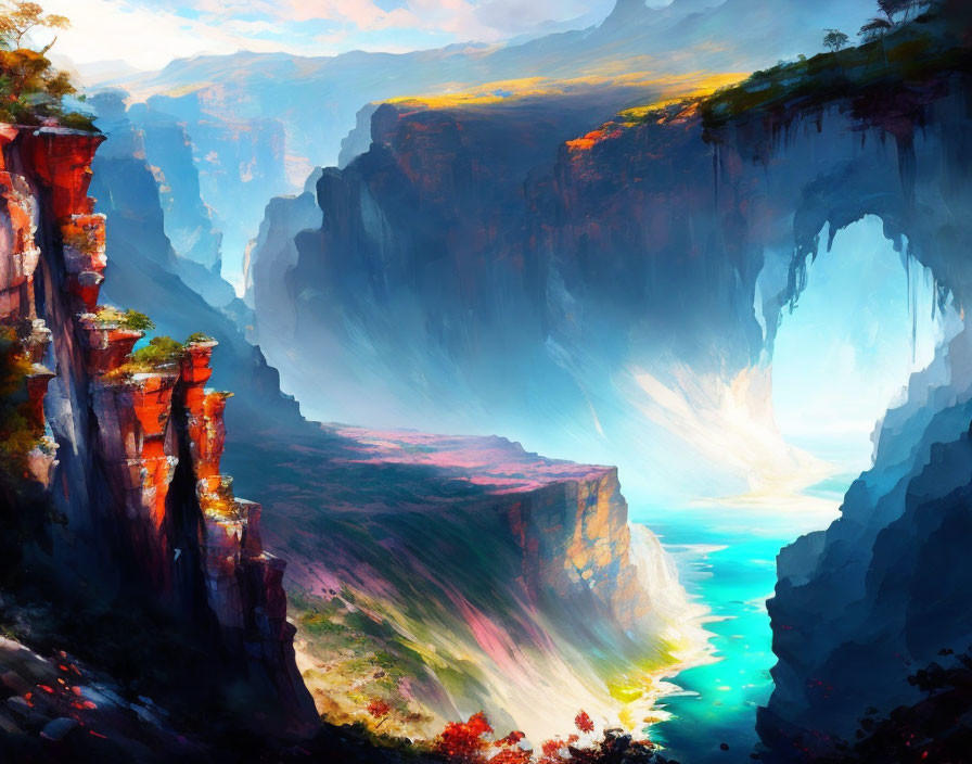 Colorful digital art: Breathtaking canyon with cliffs, river, and lush landscape