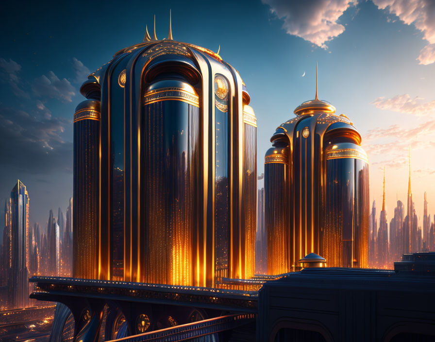 Futuristic cityscape with sleek cylindrical buildings at sunset