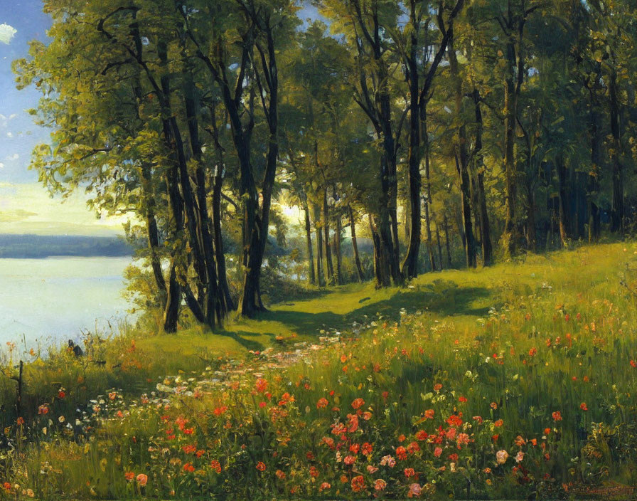 Sunlit Forest Edge with Blooming Flowers and Tranquil Lake