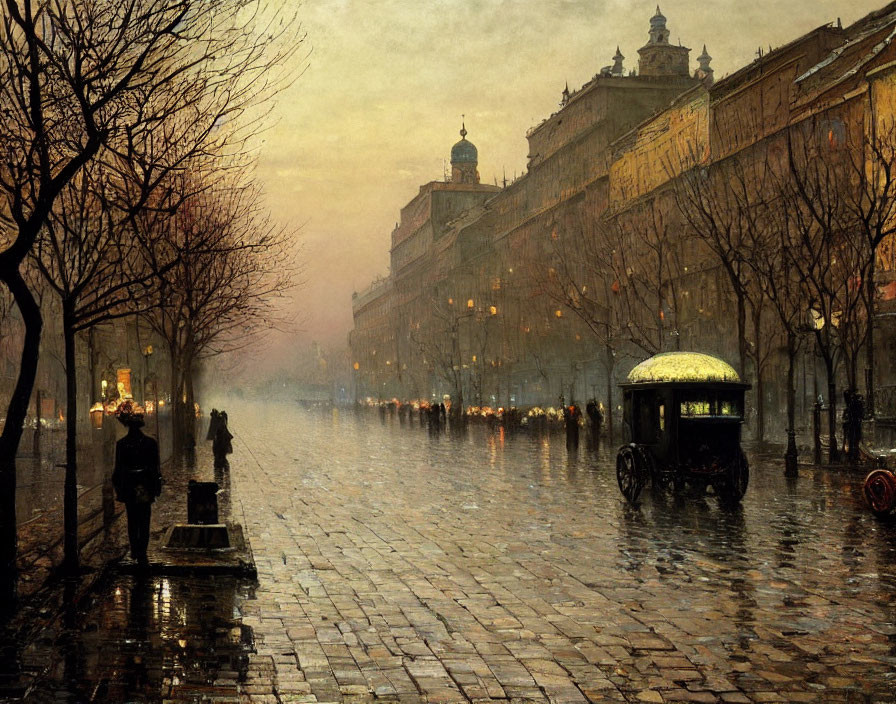 Historic cityscape with wet cobblestones and horse-drawn carriage at dusk