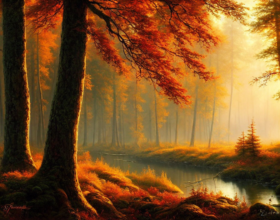 Ethereal forest scene: golden sunlight, autumn leaves, serene stream