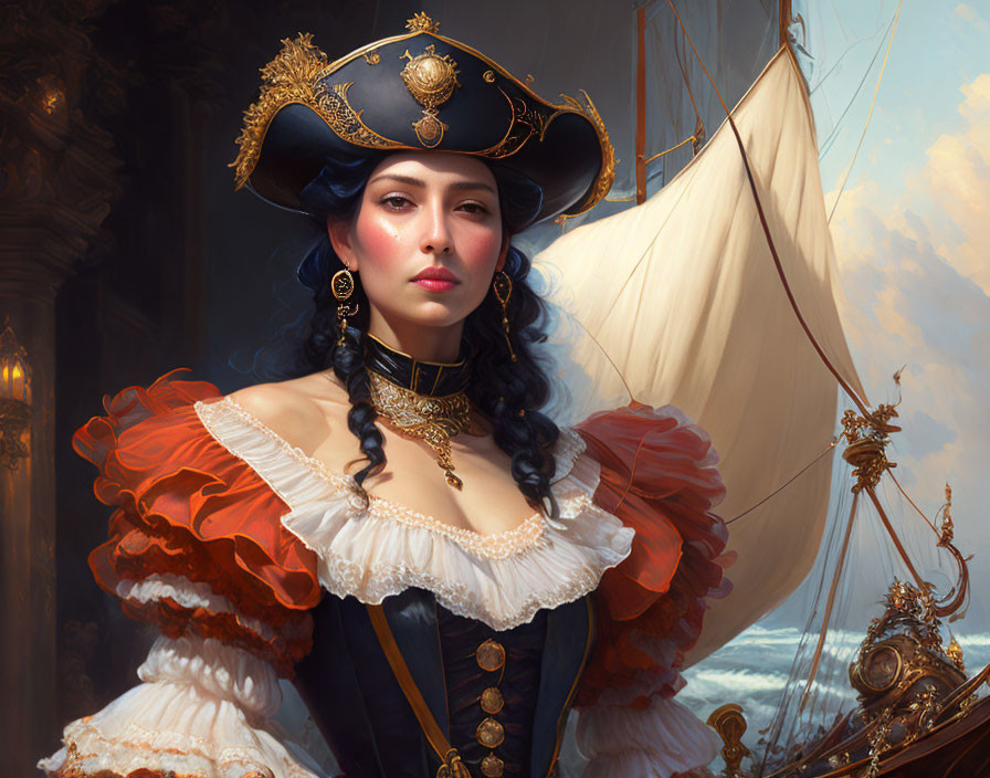 Elegant woman in lavish pirate costume with tricorne hat on grand sailing ship