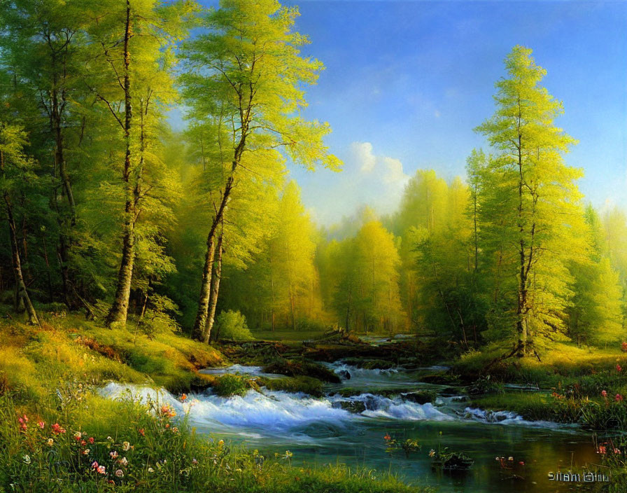 Tranquil forest landscape with brook, tall trees, sunlight, and wildflowers