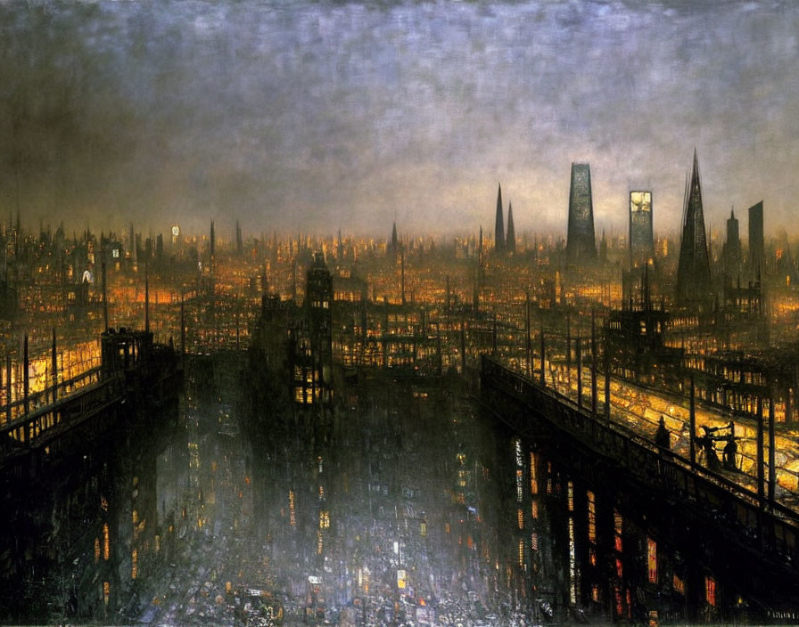 Dystopian cityscape at twilight with industrial structures and smog-filled sky