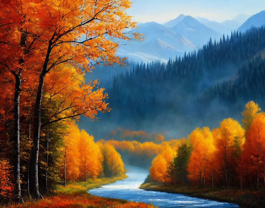 Colorful autumn trees by misty river and mountains under blue sky