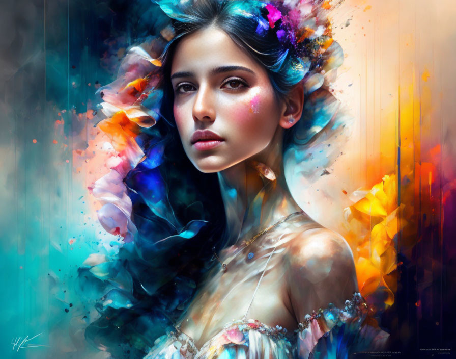 Colorful digital painting of woman with flowing hair and embellished garment against dynamic backdrop