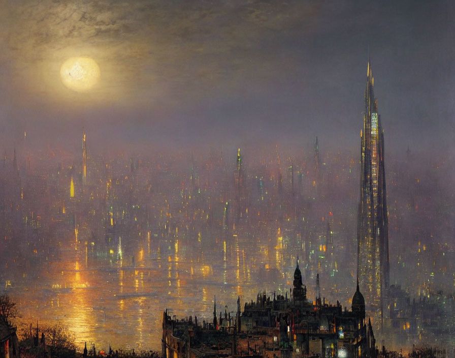 Dystopian cityscape at night with glowing moon and tall spires