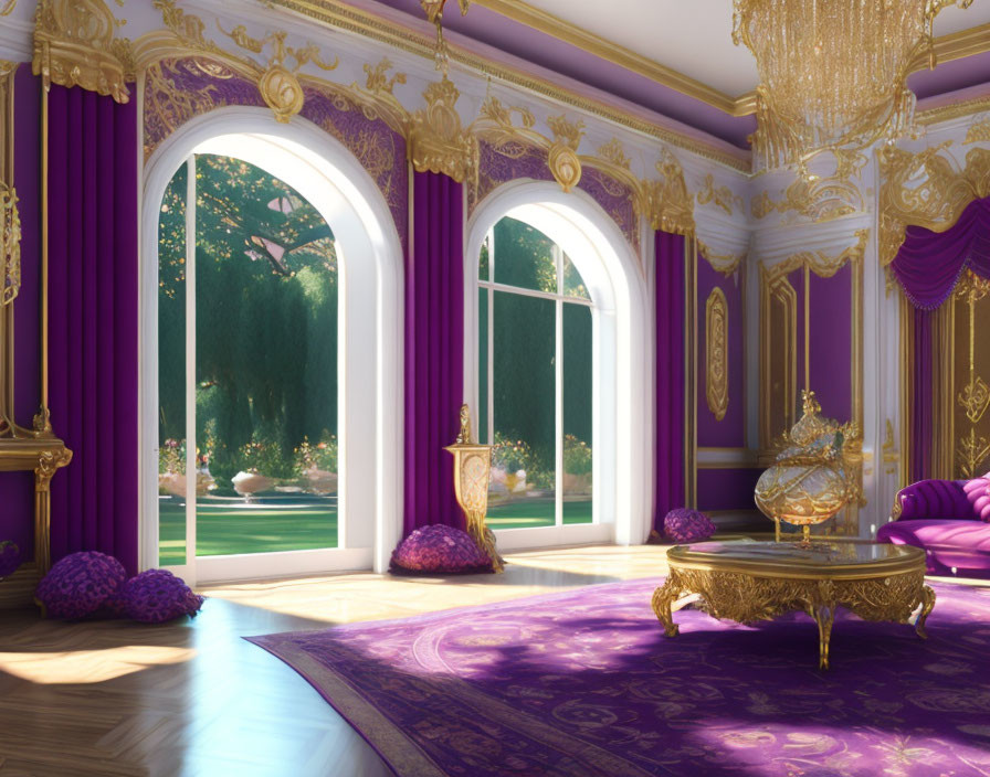 Luxurious Purple and Gold Decor Room with Garden View