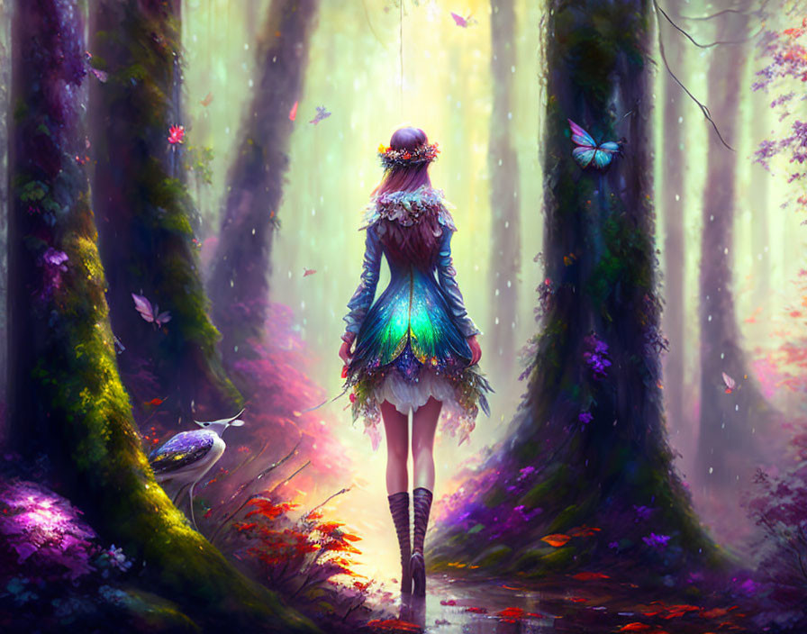 Person in vibrant bird-like costume in enchanted forest with butterflies and purple flora.