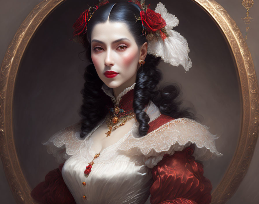 Portrait of woman with pale skin, dark hair, red accessories, vintage attire, lace, jewelry in