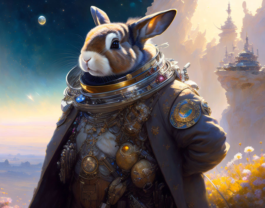 Regal rabbit in ornate spacesuit in fantasy landscape with castles and planet.