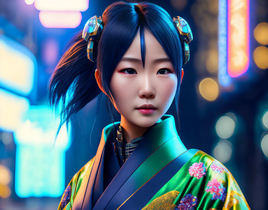 Traditional attire woman in sleek hair against neon city backdrop