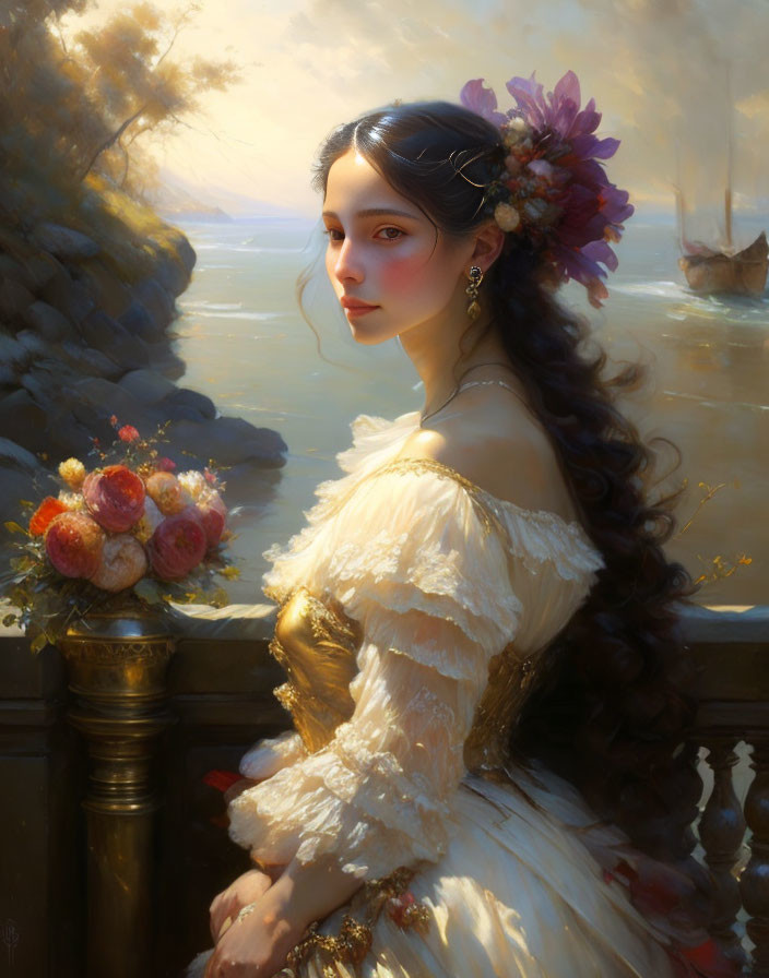 Woman with floral hair accessory gazing over shoulder in sunlit riverscape.