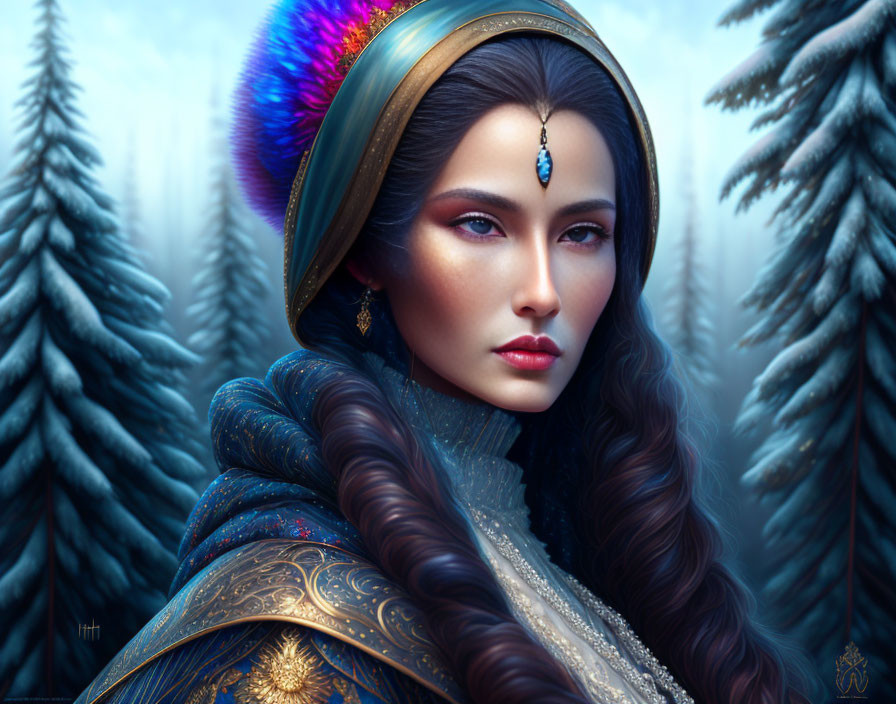 Digital artwork: Woman in ornate attire against snowy forest.