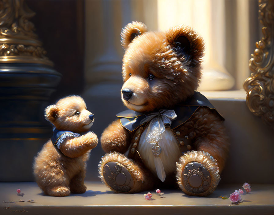 Shiny Teddy Bears in Bow Ties with Pink Flowers