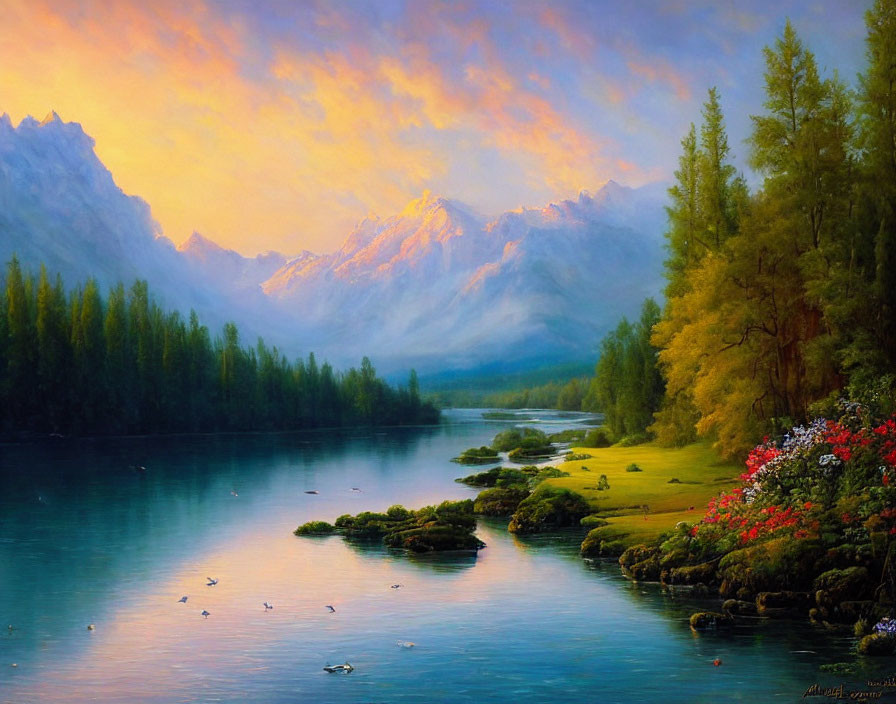 Tranquil landscape with river, snow-capped mountains, sunset sky, greenery, floral blooms