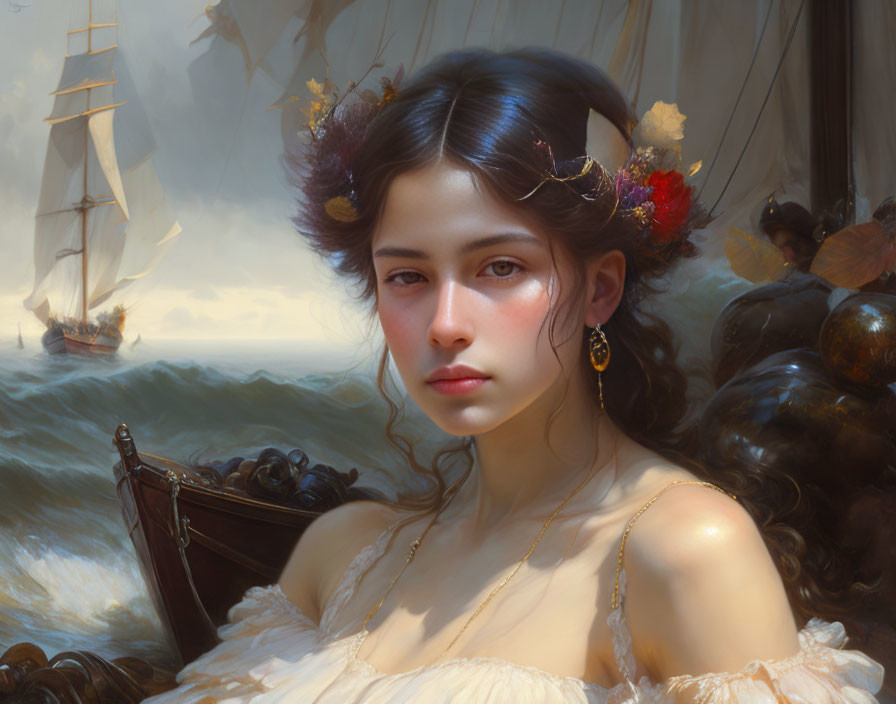 Serene young woman with flowers in her hair and sailing ship in tumultuous seas