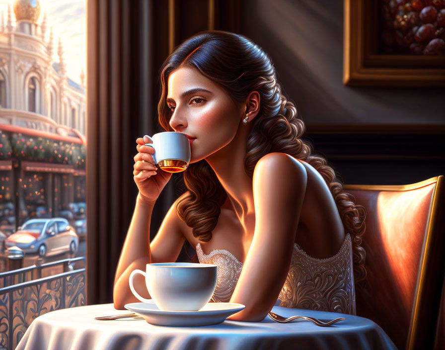 Woman sipping coffee by window with sunlight streaming in