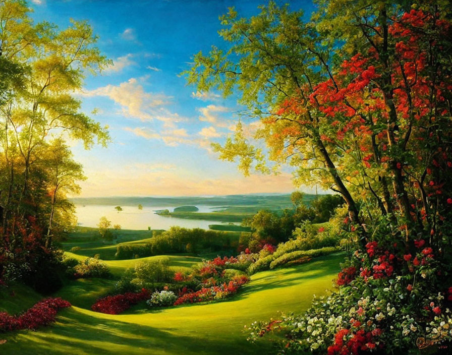 Colorful landscape painting with greenery, flowers, trees, and serene lake