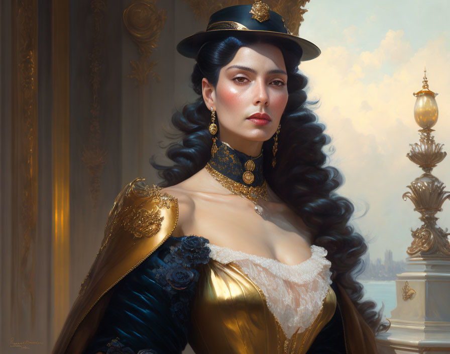 Victorian-style outfit with top hat, gold and navy attire, elegant woman in ornate room.