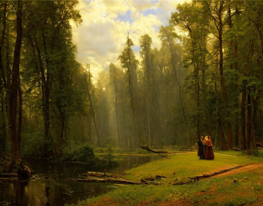 Tranquil forest painting: towering trees, calm stream, historical figures in serene setting